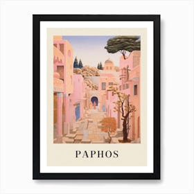 Paphos Cyprus 2 Vintage Pink Travel Illustration Poster Art Print