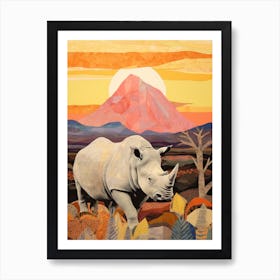 Rhino At Sunrise Collage Style 1 Art Print