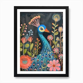 Folk Floral Peacock In The Wild 3 Art Print