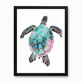 Aqua Pink Sea Turtle On A White Background Art Print