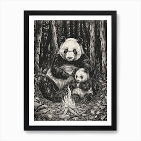 Giant Pandas Sitting Together By A Campfire Ink Illustration 3 Art Print