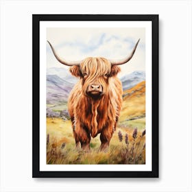 Watercolour Mountain Highland Cow 2 Art Print
