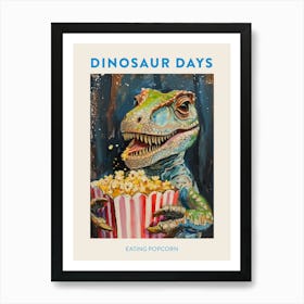 Eating Popcorn Orange Blue Dinosaur Poster Art Print