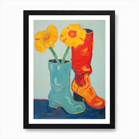 Painting Of Orange Flowers And Cowboy Boots, Oil Style 7 Art Print