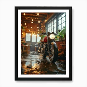 Triumph Motorcycle Parked In A Garage Art Print