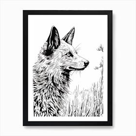 Fox In The Forest Linocut White Illustration 6 Art Print