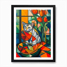 Lotus With A Cat3 Cubism Picasso Style Art Print