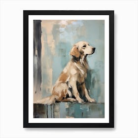 Golden Retriever Dog, Painting In Light Teal And Brown 0 Art Print