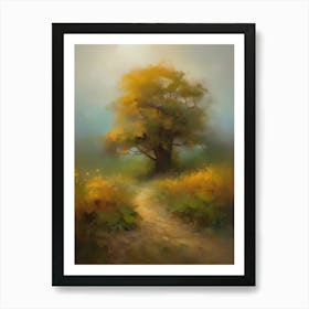 Oak tree, fine work of art, misty atmosphere, green meadow..11 Art Print