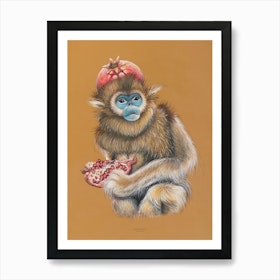 Portrait of a Golden Sub Nosed Monkey with Pomegranates Art Print