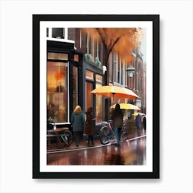 Amsterdam cafes, autumn season, rain, autumn oil colours.Faded colours,People passing on the street, winter clothes, rain umbrellas.1 3 Art Print