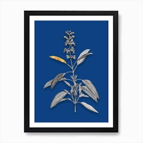 Vintage Sage Plant Black and White Gold Leaf Floral Art on Midnight Blue n.0039 Art Print