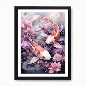 Pink And Purple Koi Fish Watercolour With Botanicals 1 Art Print