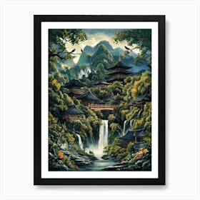 Japanese Temple in Mountain Waterfall Forest Art Painting #5 Art Print