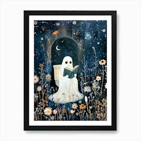 Little Ghost Reading on The Toilet - Bathroom Art Prints Moon and Stars Spooky Cute Wall Decor Funny Botanical Witchy Art Print