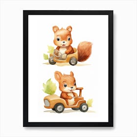 Baby Squirrel On A Toy Car, Watercolour Nursery 3 Art Print
