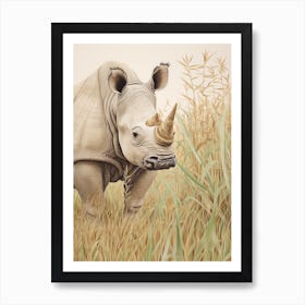 Vintage Rhino Illustration In The Grass 1 Art Print