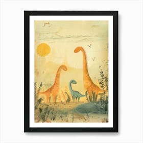 Dinosaur Family In The Sunset Storybook Style Art Print