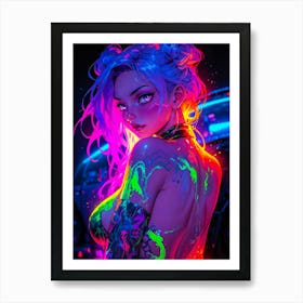 Sexy Japanese girl in neon, flaunting her boobs. Nude anime girl, manga woman, and a beautiful waifu with tattoos. Cyberpunk fantasy girl in a vibrant, captivating style. Art Print