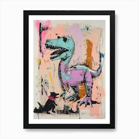 Dinosaur With Pet Blue Purple Pink 4 Art Print