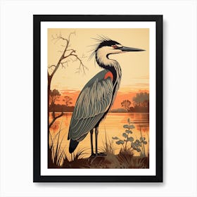 Vintage Bird Linocut Great Blue Heron 4 Art Print