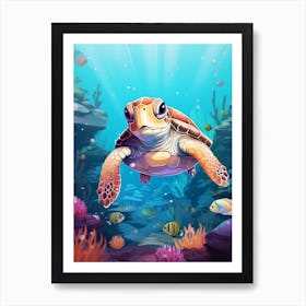 Curious Hawksbill Turtle With Fish Art Print