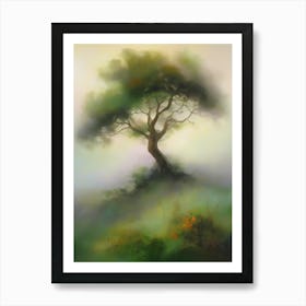 Oak tree, fine work of art, misty atmosphere, green meadow..9 Art Print