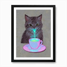 Cat Drinking Tea Art Print