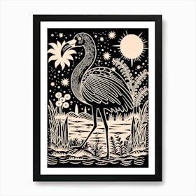 B&W Bird Linocut Flamingo 3 Art Print