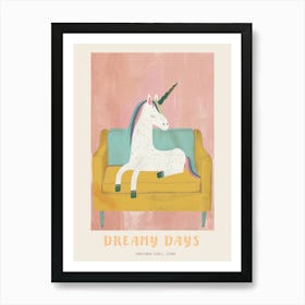 Pastel Unicorn Sat On A Mustard Sofa Poster Art Print