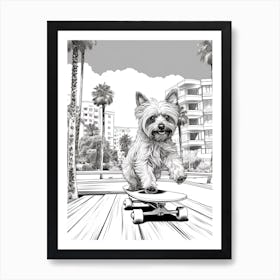 Yorkshire Terrier Dog Skateboarding Line Art 4 Art Print