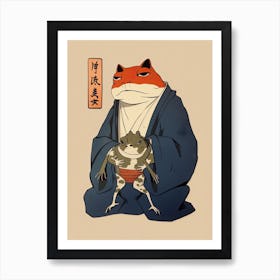 Frog And Cat, Matsumoto Hoji Inspired Japanese Woodblock 1 Art Print