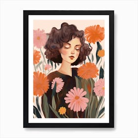 Woman With Autumnal Flowers Scabiosa Art Print