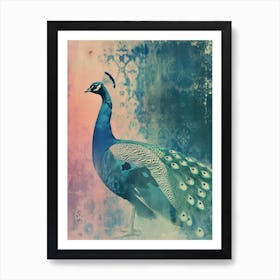 Vintage Pink & Turquoise Peacock Cyanotype Inspired Art Print