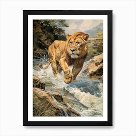 Barbary Lion Relief Illustration Crossing A River 1 Art Print