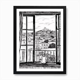 Window View Of Athens Greece   Black And White Colouring Pages Line Art 2 Art Print
