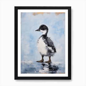 Black & White Duckling Walking On The Ice 2 Art Print