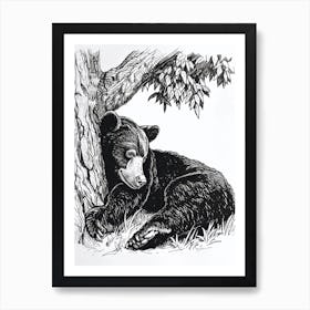 Malayan Sun Bear Laying Under A Tree Ink Illustration 2 Art Print