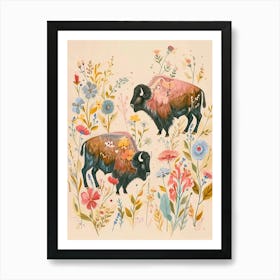 Folksy Floral Animal Drawing Bison 2 Art Print