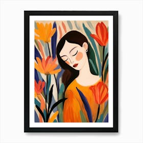 Woman With Autumnal Flowers Bird Of Paradise 4 Art Print