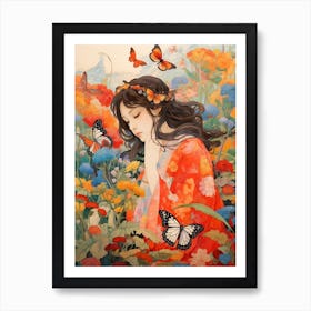 Person In The Meadow With Butterflies Japanese Style Painting Art Print