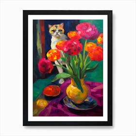 Ranunculus With A Cat 1 Fauvist Style Painting Art Print