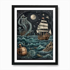 Pirate Ships At Night Art Print