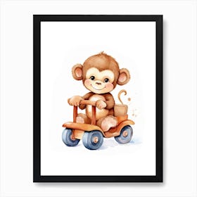 Baby Monkey On A Toy Car, Watercolour Nursery 3 Art Print