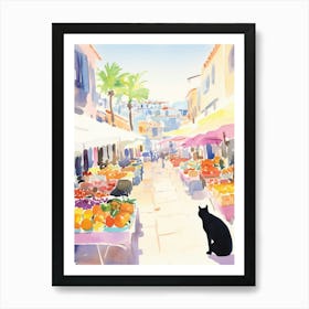 Food Market With Cats In Malibu 1 Watercolour Art Print