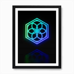 Neon Blue and Green Abstract Geometric Glyph on Black n.0390 Art Print