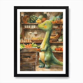 Cute Dinosaur Grocery Shopping Storybook Painting 1 Art Print