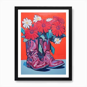 A Painting Of Cowboy Boots With Red Flowers, Fauvist Style, Still Life 1 Art Print