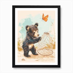 American Black Bear Cub Playing With A Butterfly Storybook Illustration 2 Art Print