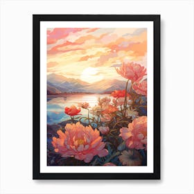 Peony With Sunset In Watercolors (3) Art Print